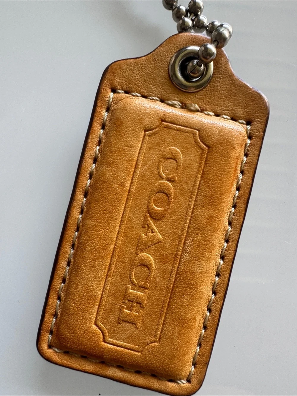 Coach Tan Leather Logo Key Tag with Metal Ball Chain brown on back